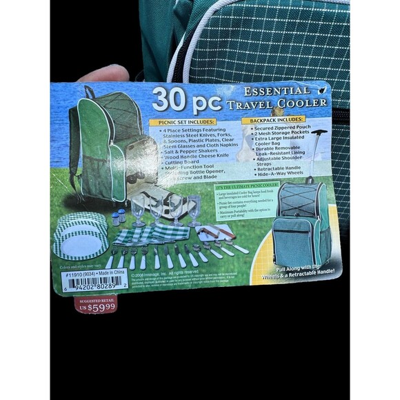 Picnic Essentials 30pc Essential Travel Backpack Plates Green Insulated Cooler - Picture 3 of 11
